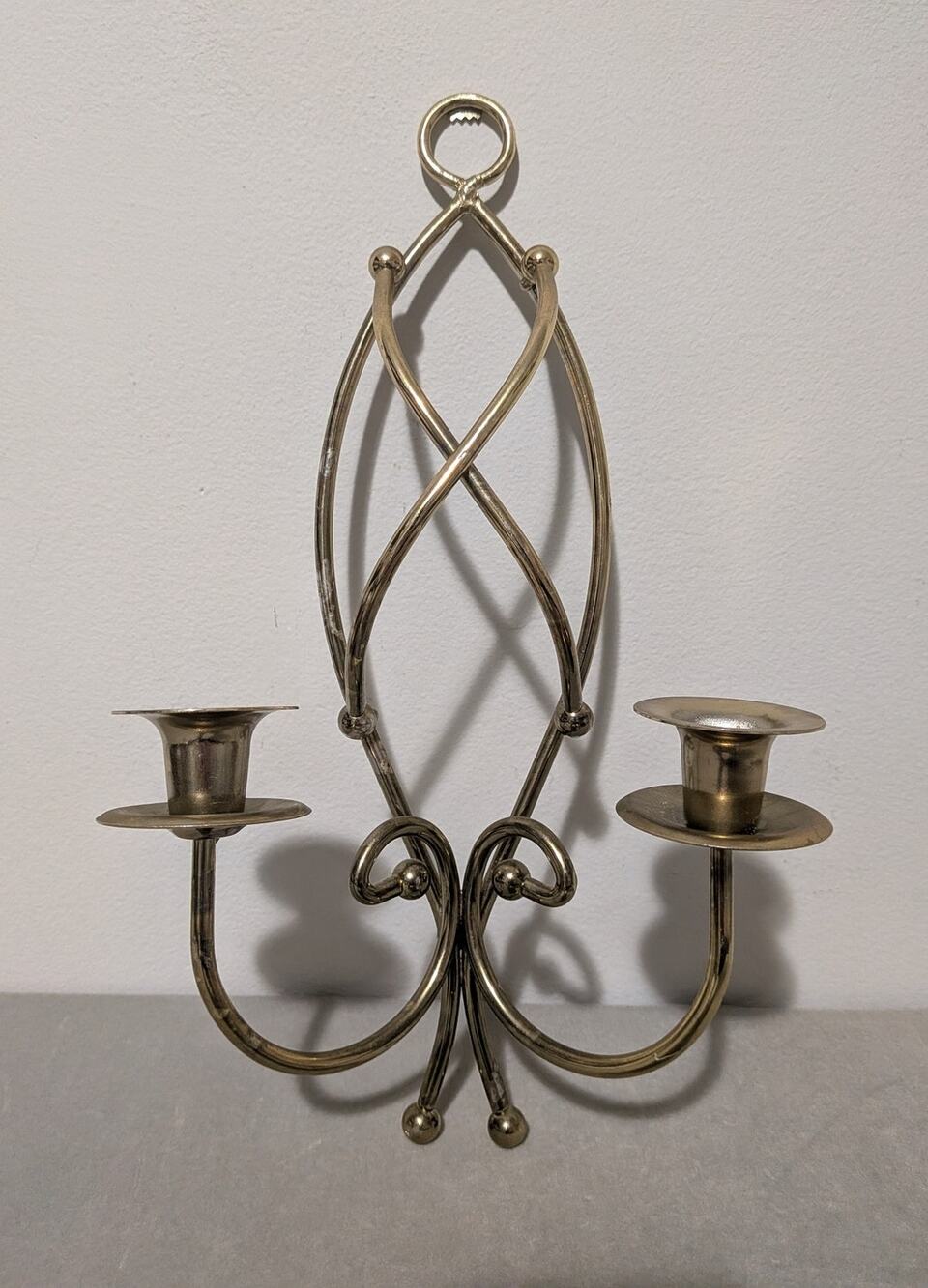 Vintage Homco Brass Plated Metal 2-Light Candle Wall Sconce Twisted Wire Loop